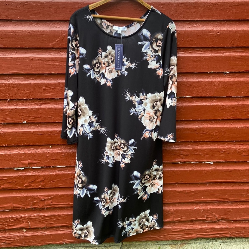 NWT DownEast Black Floral Flower Power Dress Women's Size L - Picture 1 of 7